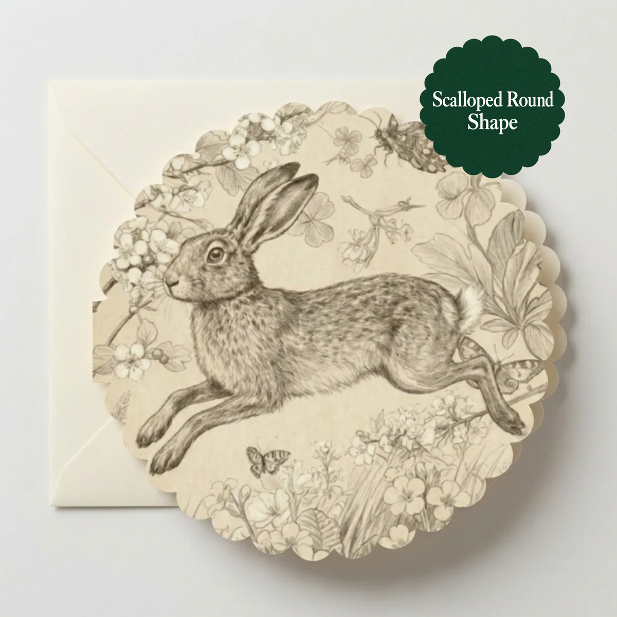 A scalloped round greeting card featuring a detailed sepia-toned illustration of a hare among flowers, shown with a matching cream envelope on a light gray background. A dark green badge in the top right reads 'Scalloped Round Shape'.