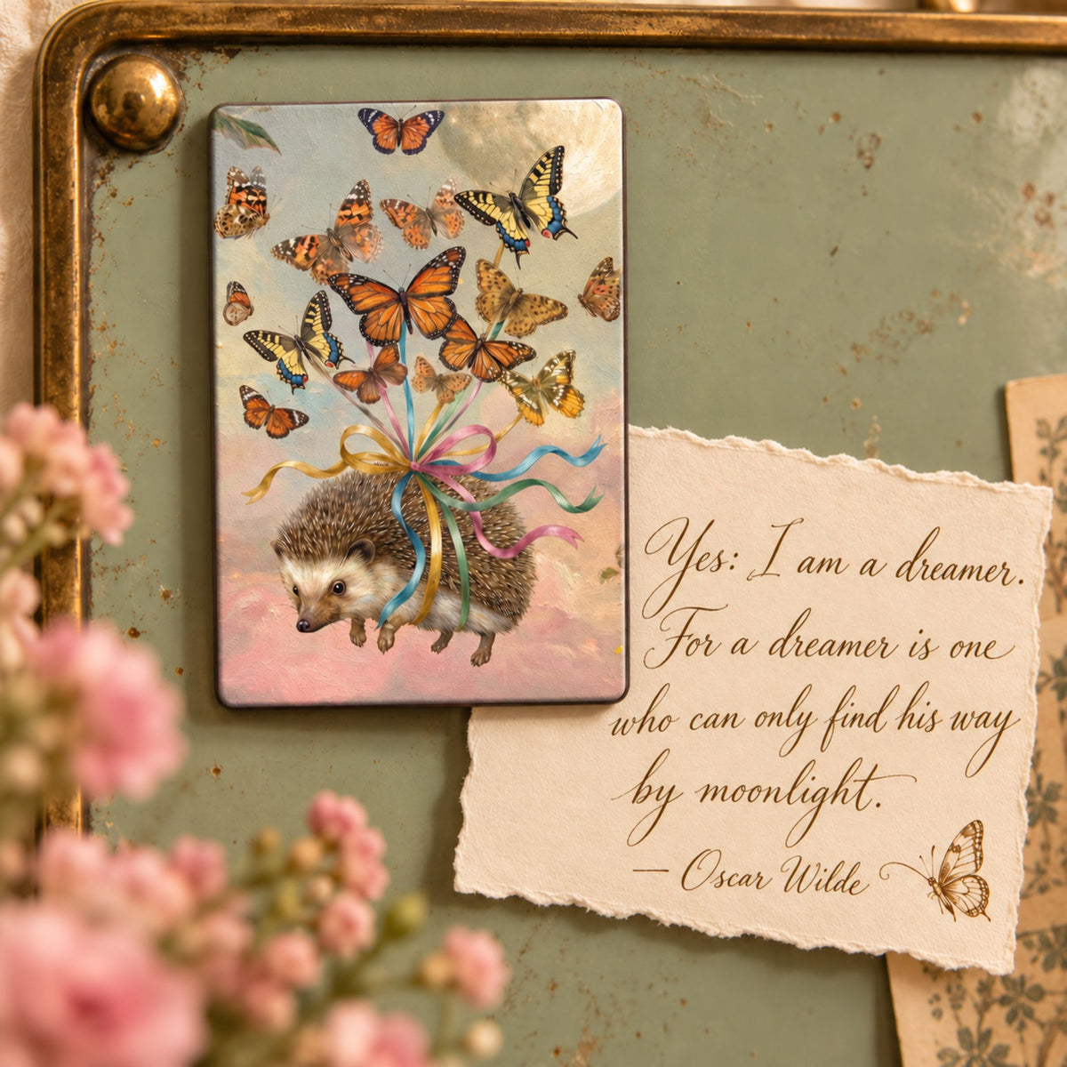 A decorative magnet featuring an illustration of a hedgehog holding orange-and-black butterflies with pastel ribbons, displayed on a distressed green surface next to a torn paper quote card with an Oscar Wilde quote and pink flowers in the foreground.