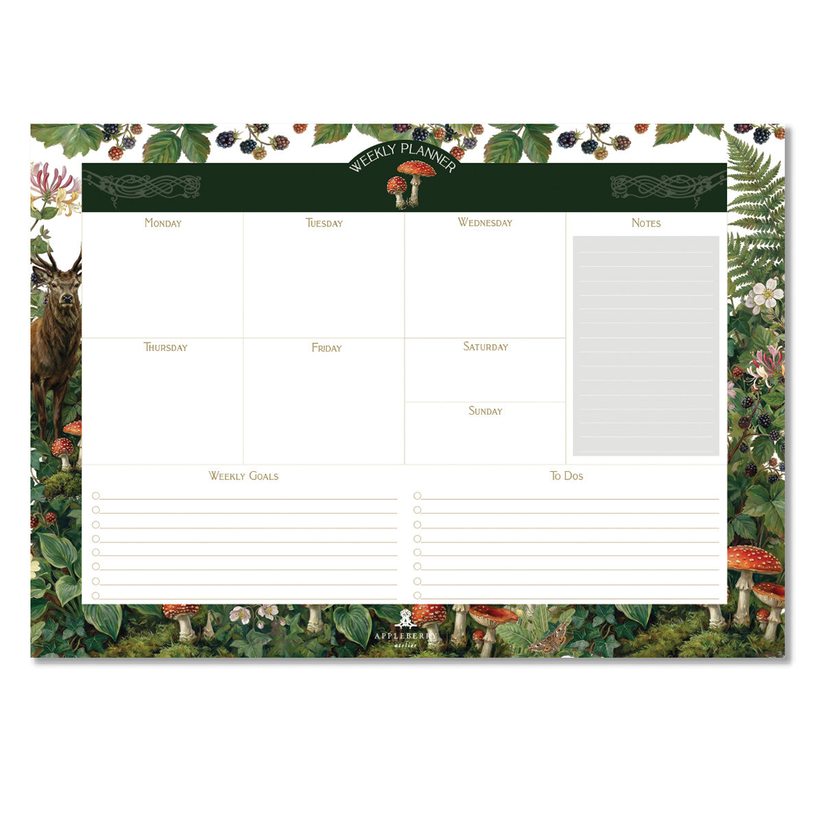 Forest Stag weekly planner pad featuring woodland botanical artwork, stag illustration, weekly schedule layout, and cottagecore desk stationery made in Ireland.