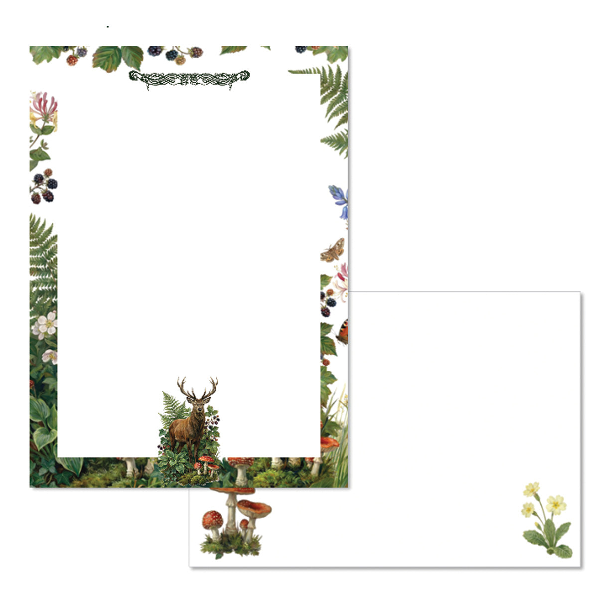 Luxury Forest Stag letter writing set featuring woodland botanical artwork, stag illustration, mushrooms, premium stationery paper, and cottagecore Irish design.