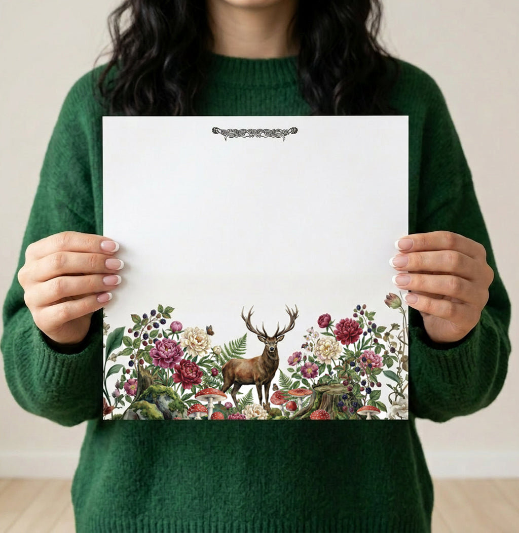 Forest Stag Super Notepad featuring woodland botanical artwork, floral details, mushrooms, and elegant Irish stationery design.
