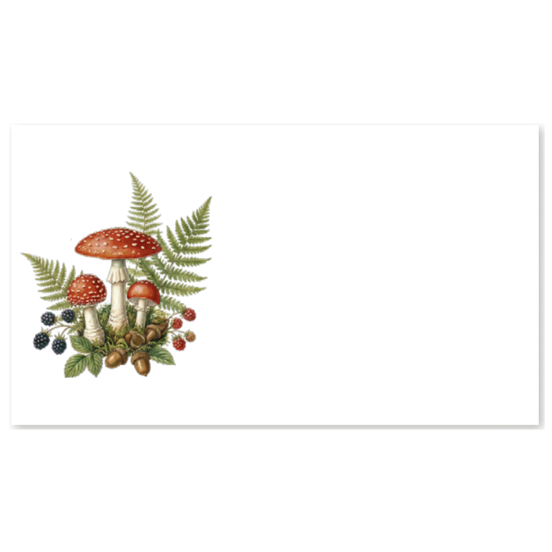 A white rectangular card or label featuring a vintage-style botanical illustration on the left side of a mushroom cluster with red caps, white stems, green ferns, brown acorns, and small berries.