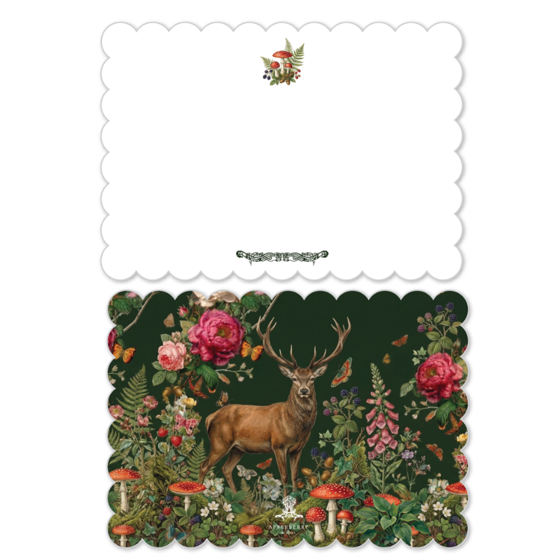 Forest Stag scalloped notelets showing the illustrated woodland stag side and blank writing side