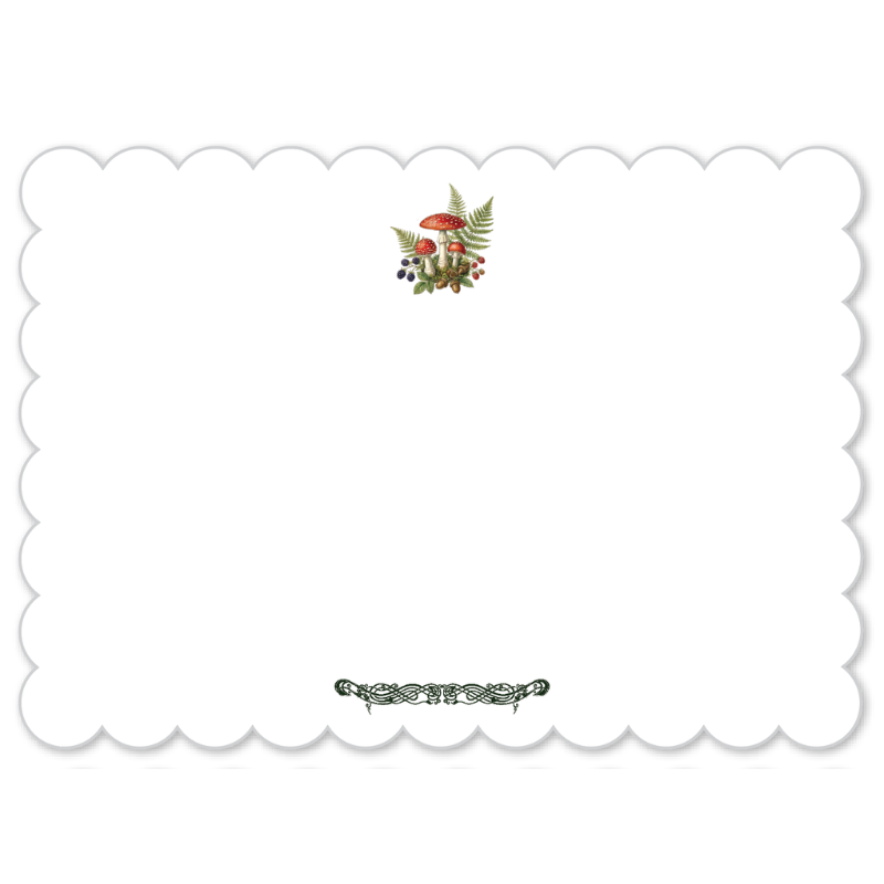 A square white card or paper sheet with a scalloped border, featuring a small cluster of red and brown mushrooms with green leaves near the top center and a small decorative black-and-white motif near the bottom center, shown on a white background.
