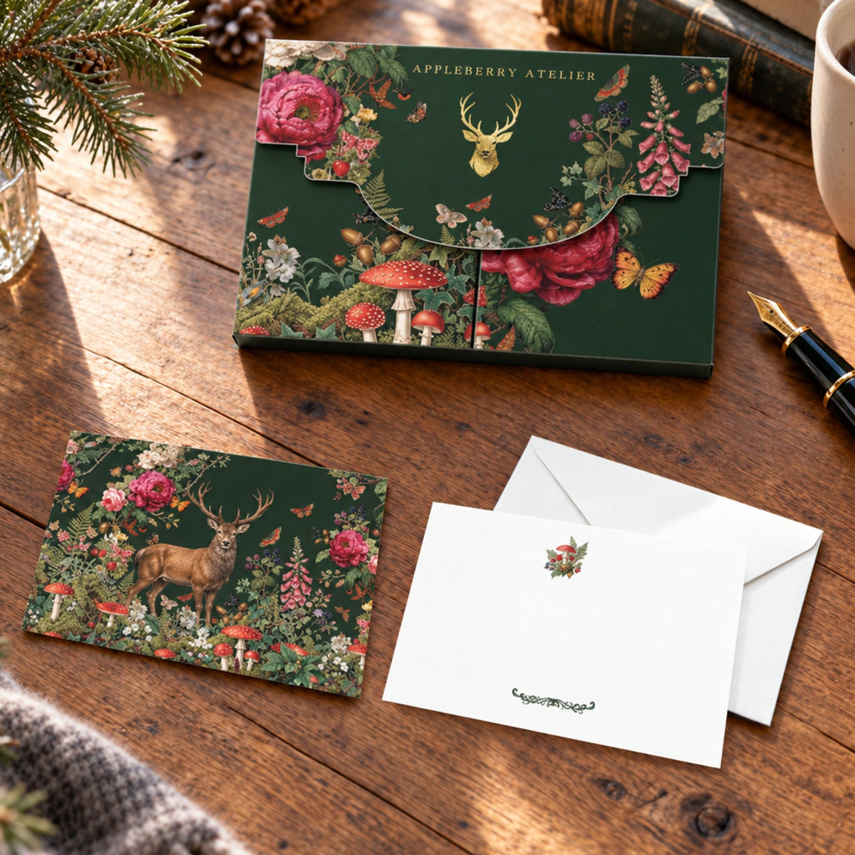 A styled flat-lay of a dark forest-green stationery set from Appleberry Atelier, featuring a floral and deer-patterned box envelope, matching notelet card and white envelopes, arranged on a rustic wooden table with a pen, book, and pine branch nearby.