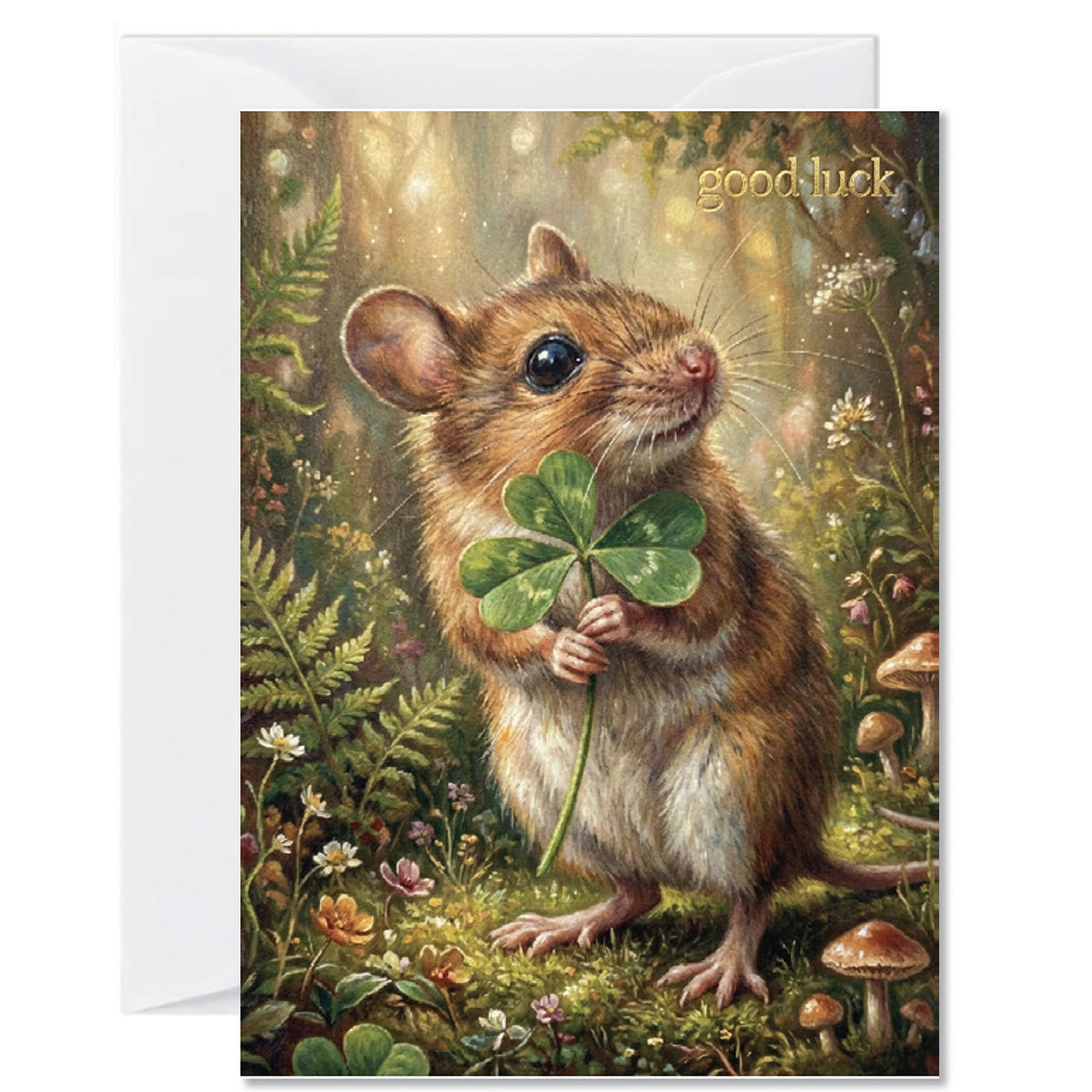 Woodland good luck greeting card featuring a cute mouse holding a four leaf clover in an enchanted forest