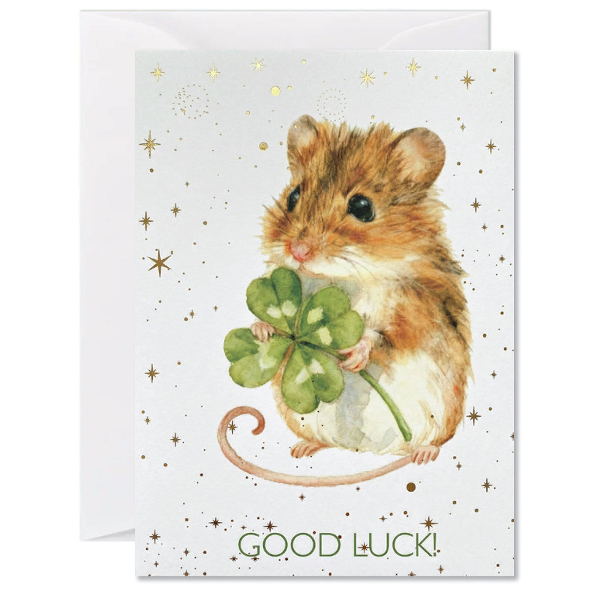 Cute watercolor mouse holding a four leaf clover with gold stars and Good Luck text on a greeting card