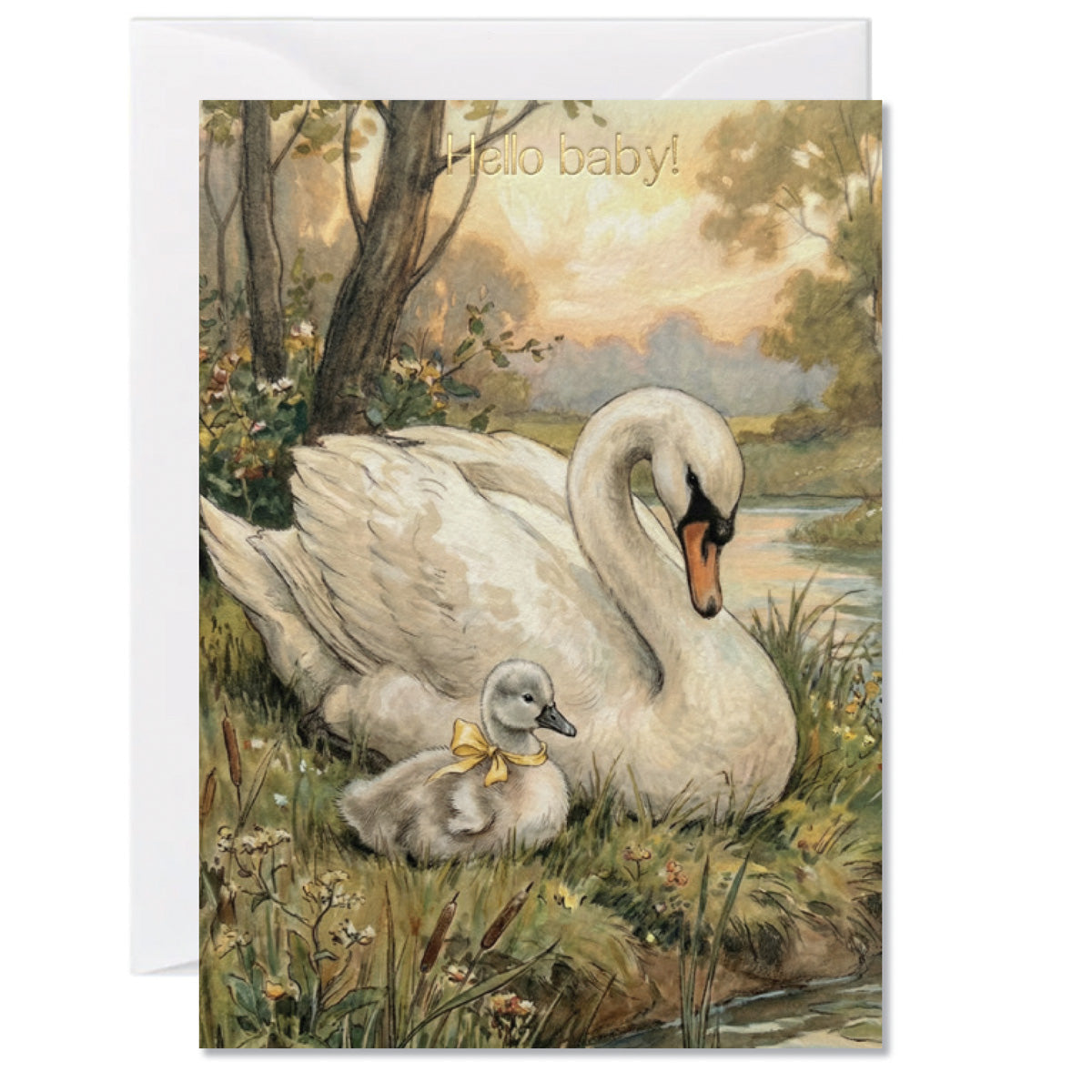 Elegant new baby greeting card featuring a swan and cygnet beside a riverside with gold Hello baby text