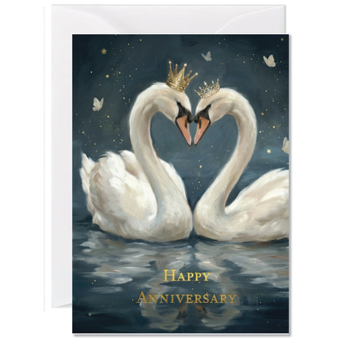 Romantic anniversary greeting card featuring two crowned swans forming a heart shape on a moonlit lake