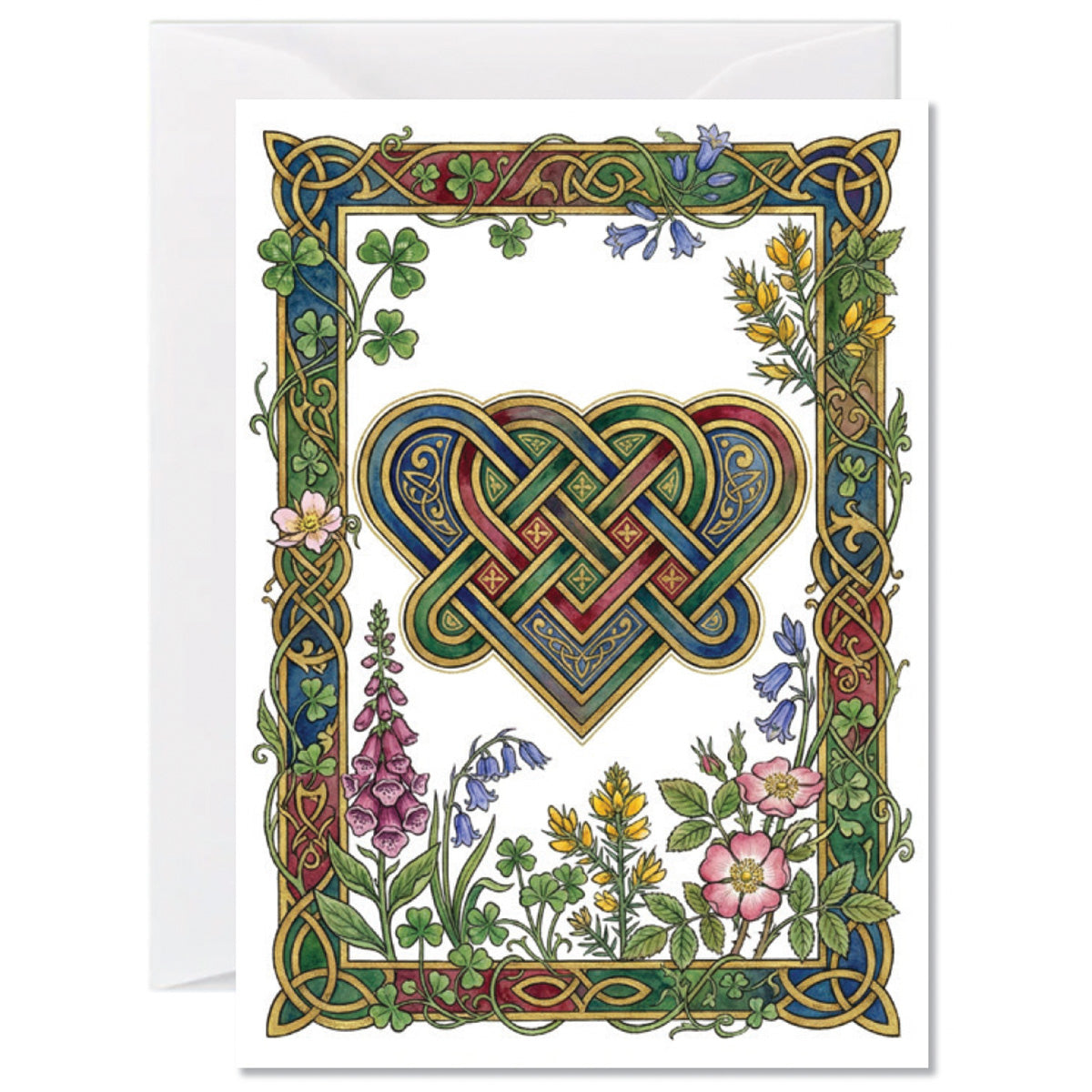 Illustrated Celtic knot heart greeting card surrounded by shamrocks and Irish wildflowers