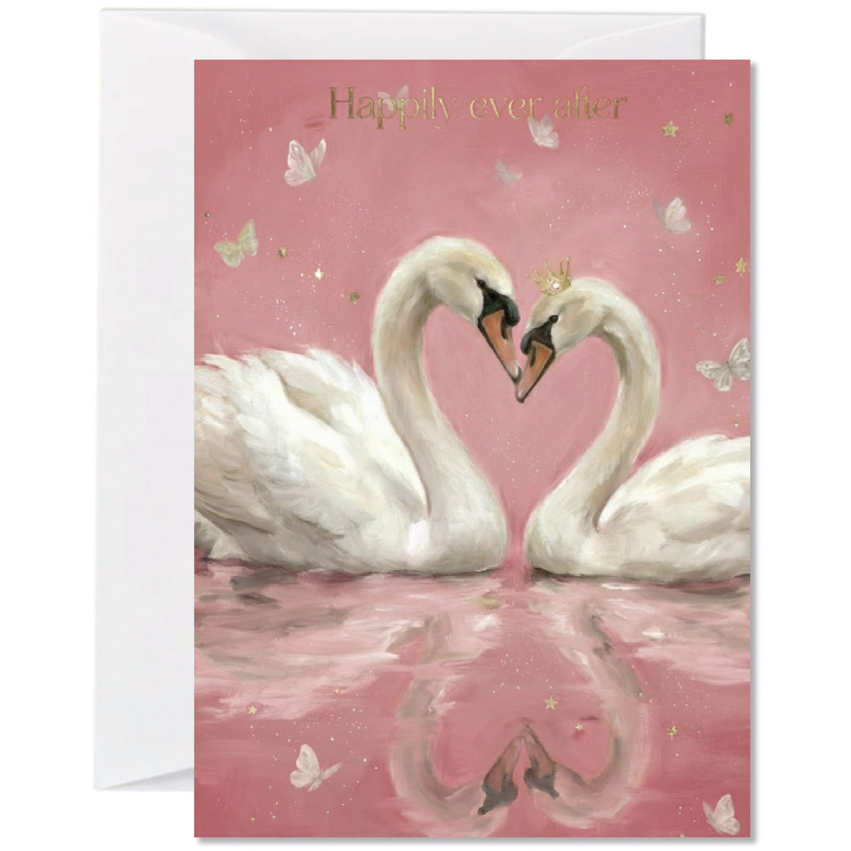 Romantic pink anniversary greeting card featuring two swans forming a heart shape on reflective water