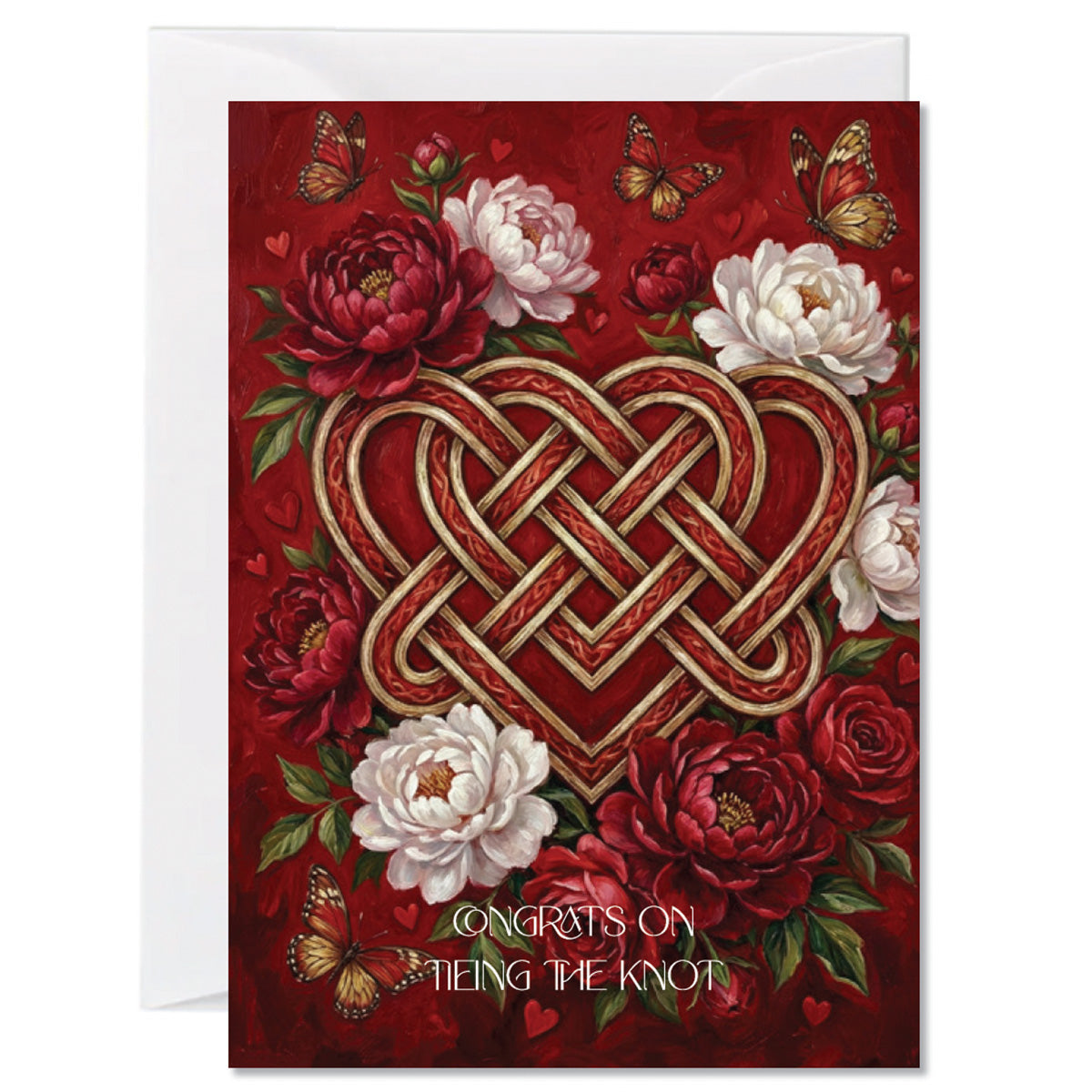 Wedding greeting card featuring a Celtic knot heart surrounded by red and ivory flowers with tying the knot message