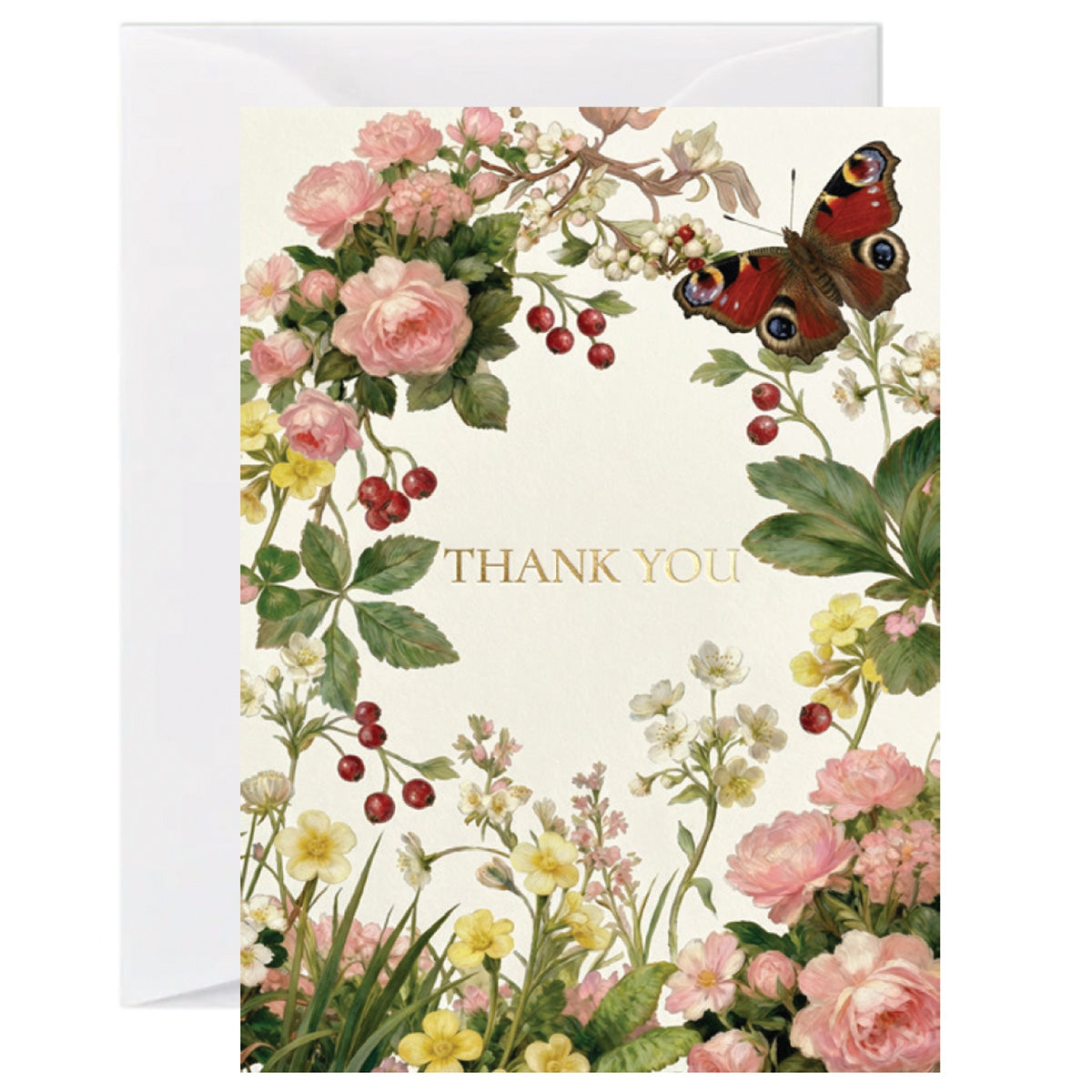 Floral thank you greeting card featuring pink roses, wildflowers, berries, and a butterfly illustration