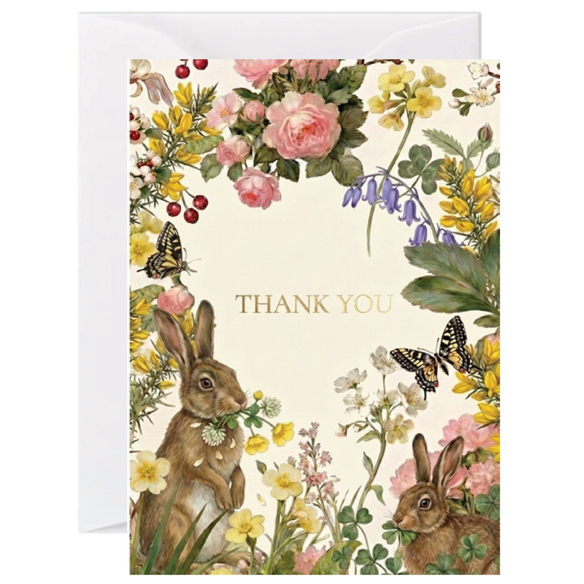 Thank you greeting card featuring woodland rabbits surrounded by flowers, butterflies, and botanical details
