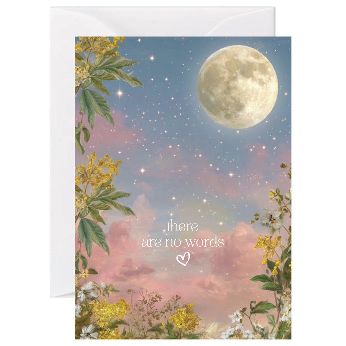 Sympathy greeting card featuring a moonlit pastel sky with stars, flowers, and There are no words text