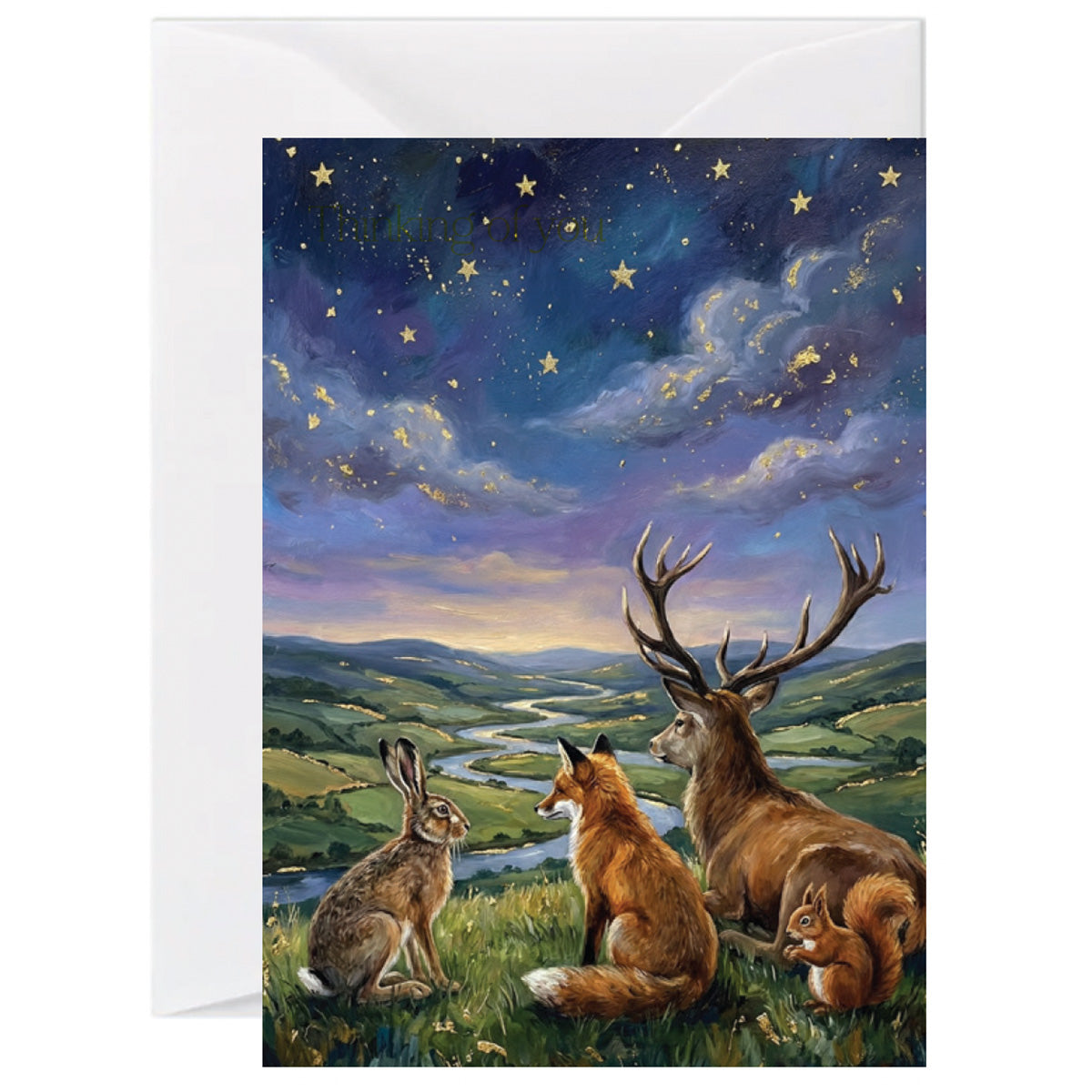 Illustrated woodland greeting card featuring a stag, fox, hare, and squirrel beneath a starry night sky