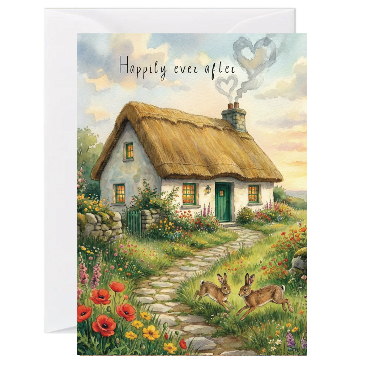 New home greeting card featuring a countryside cottage, wildflowers, woodland hares, and happily ever after text