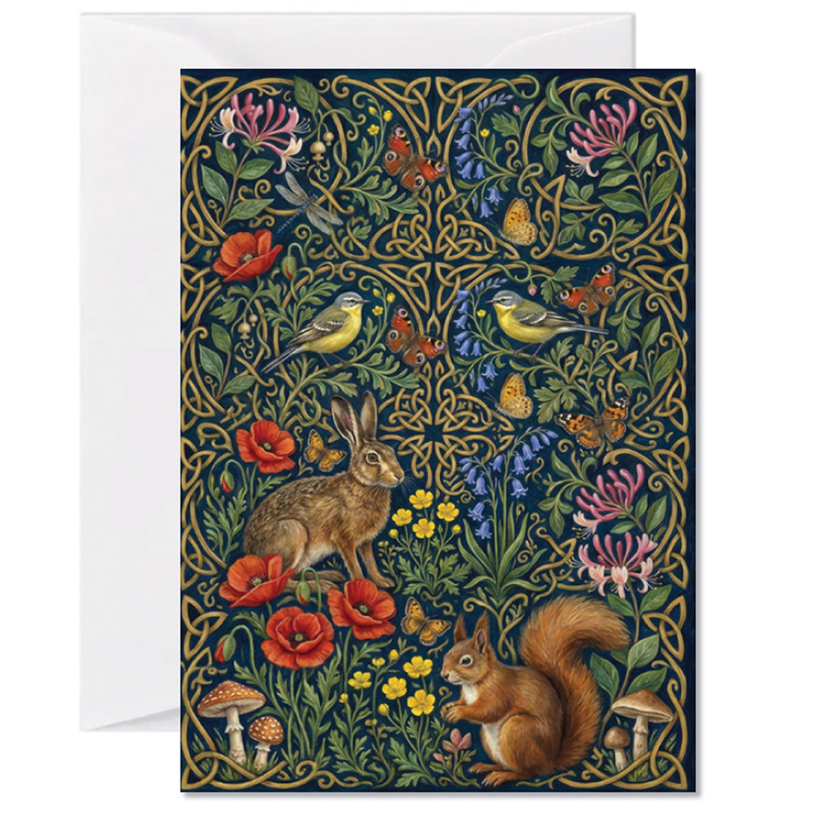 Illustrated Celtic woodland greeting card featuring a hare, squirrel, birds, butterflies, and wildflowers