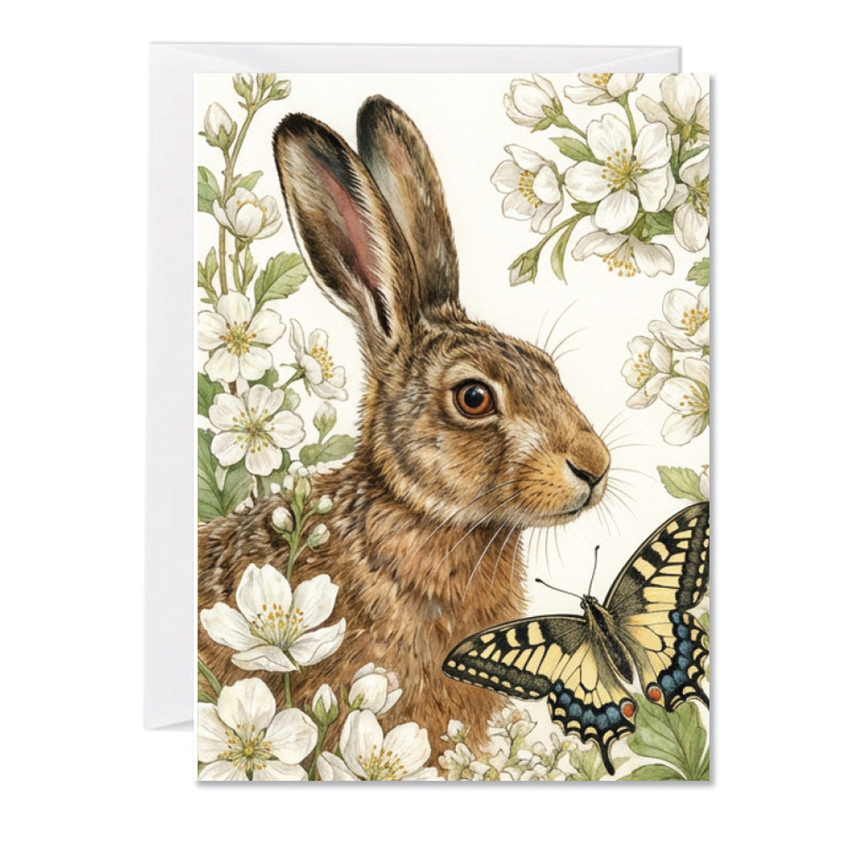 Illustrated woodland hare greeting card surrounded by spring blossoms and butterflies
