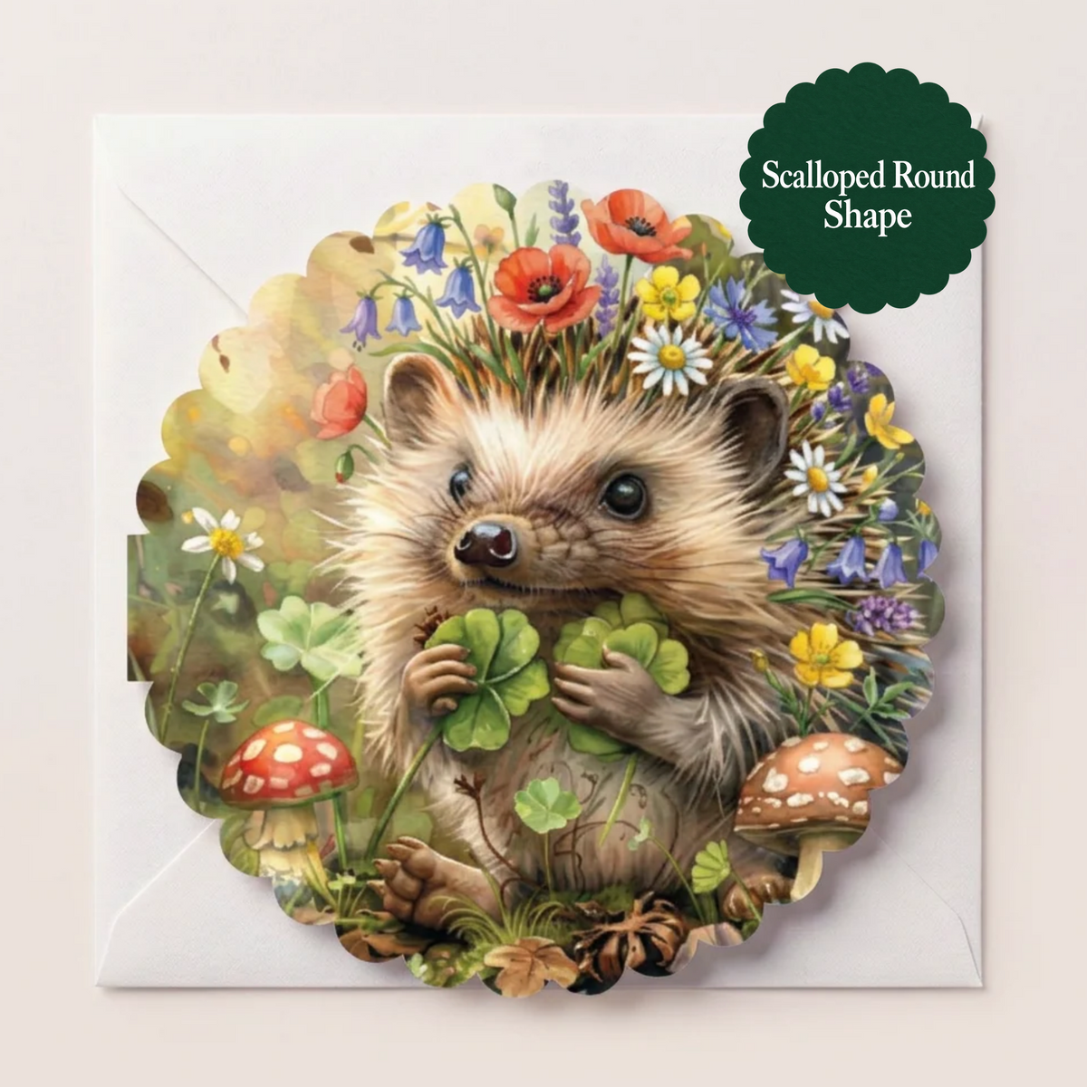 A square envelope with a scalloped circular cutout featuring an illustrated hedgehog surrounded by flowers, clovers, and mushrooms. A dark green badge in the top right reads 'Scalloped Round Shape.