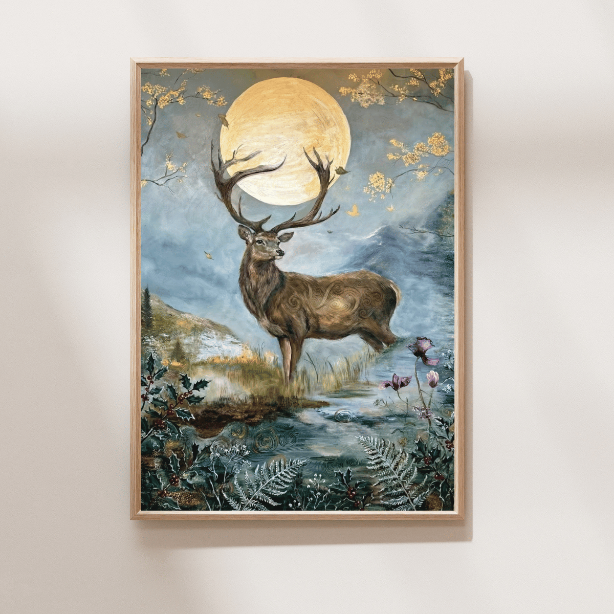 Guardian of the Glen Art Print featuring a majestic stag beneath a glowing full moon in a misty woodland landscape