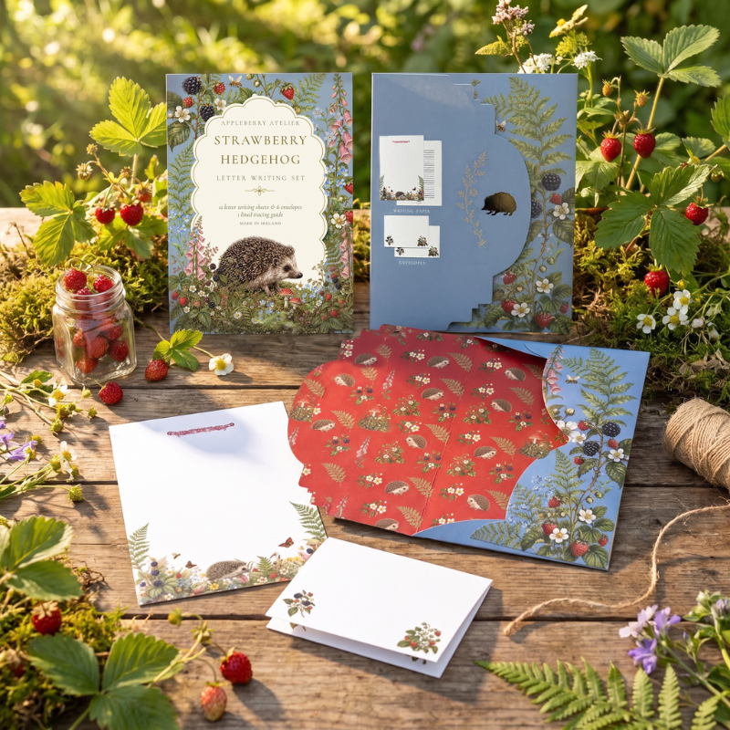 A styled flat-lay of a handmade stationery set featuring a strawberry hedgehog letter writing kit. The set includes a blue envelope with a die-cut strawberry hedgehog illustration, a red patterned paper insert, white letter paper with botanical borders, and a small card, all arranged on a rustic wooden table surrounded by fresh strawberries, green leaves, and moss.