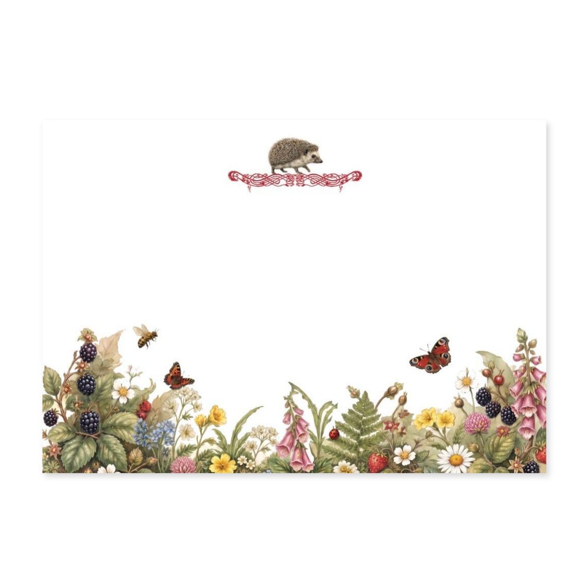 A white notelet card featuring a decorative border of wildflowers, berries, butterflies, and a hedgehog at the top center