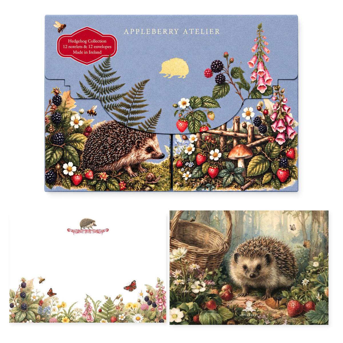 A vintage-style illustrated notelet set by Appleberry Atelier, featuring woodland scenes with a hedgehog, strawberries, flowers, ferns, and a basket. The top panel shows the storage box with the brand name and a red title label, while the bottom shows the notelets.