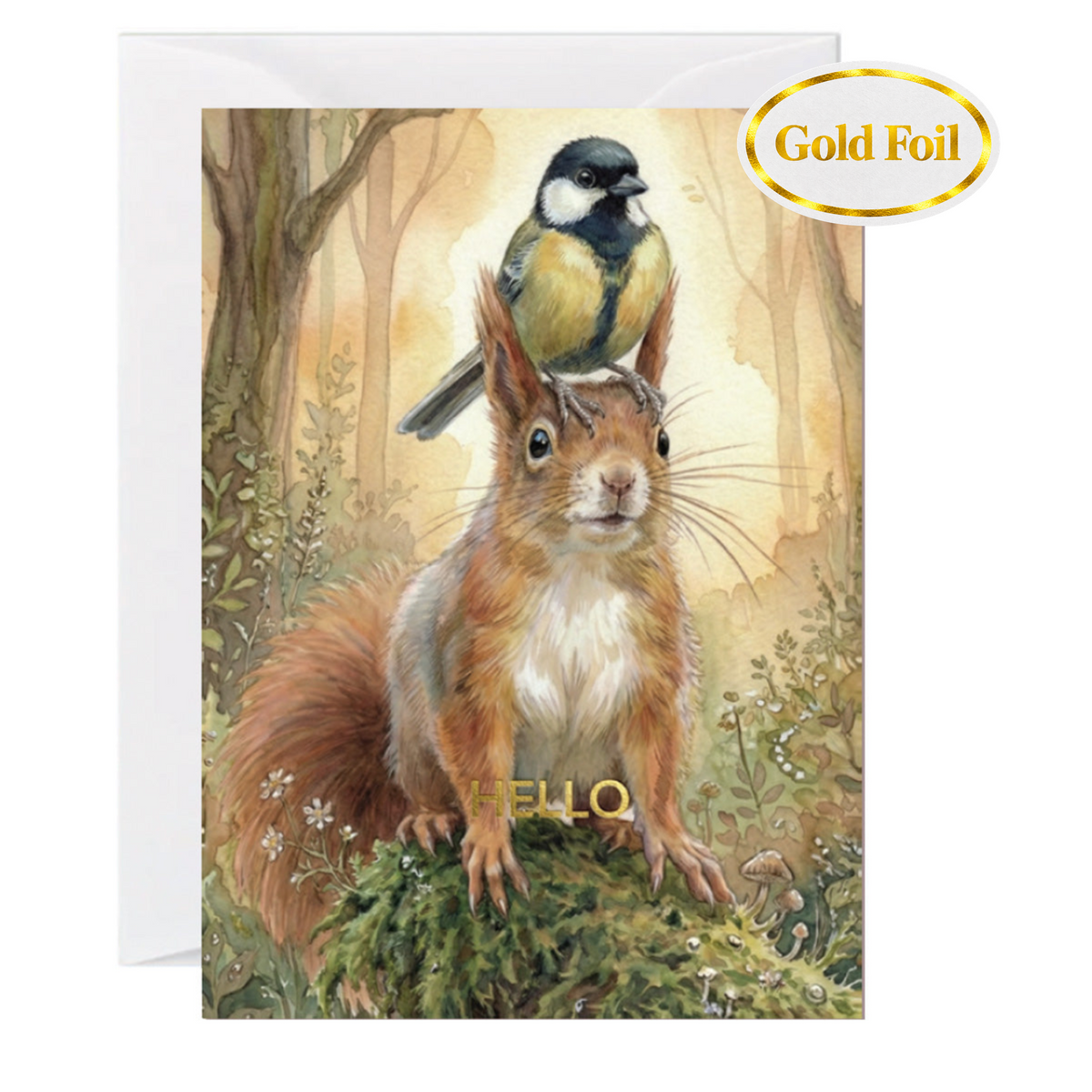 A greeting card featuring an illustration of a red squirrel on a mossy log with a small bird perched on its head, set in a soft woodland scene. 'Hello' is printed in goil foil at the bottom. The card has a white envelope behind it and a gold foil 'Gold Foil' badge in the top right corner.