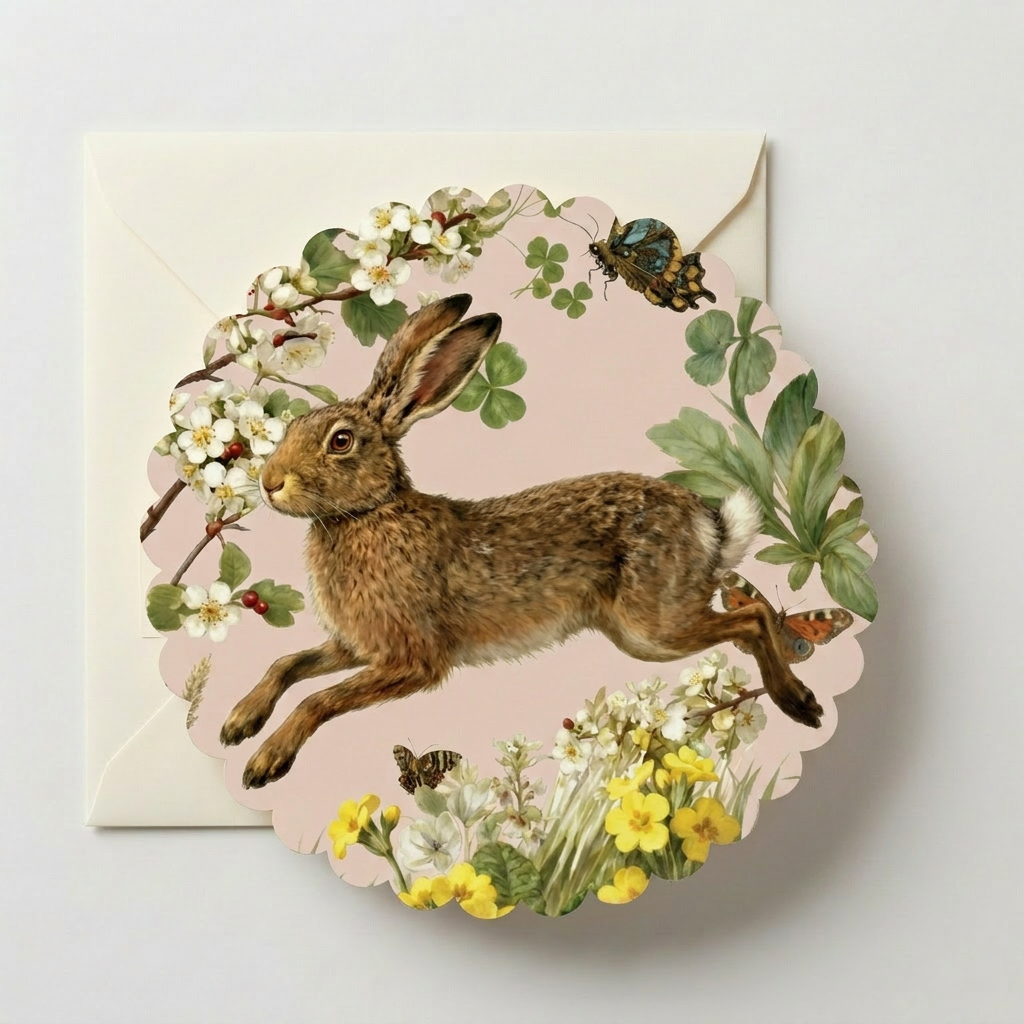 Vintage bunny floral greeting card with envelope featuring rabbit illustration, flowers, butterflies, and cottagecore spring aesthetic.