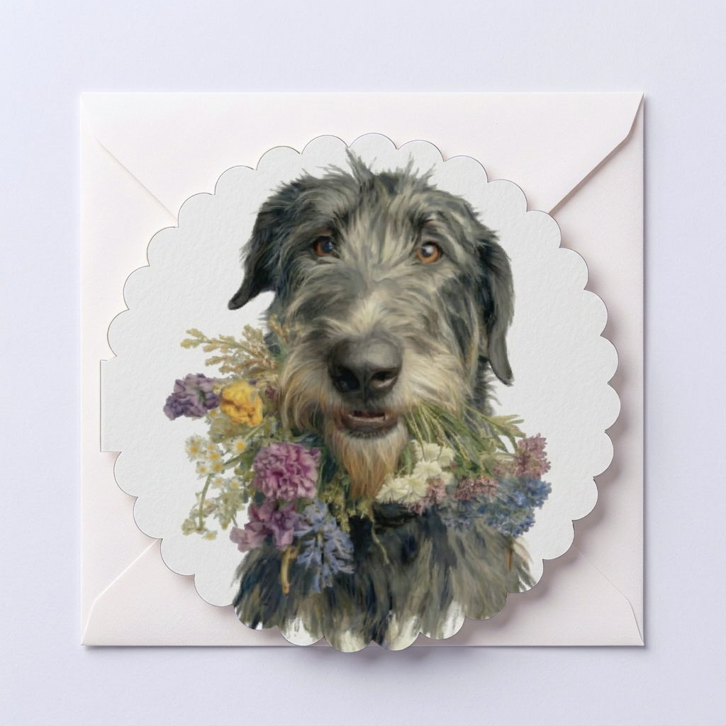 Vintage floral dog greeting card with envelope featuring elegant dog portrait illustration surrounded by botanical flowers in cottagecore aesthetic.