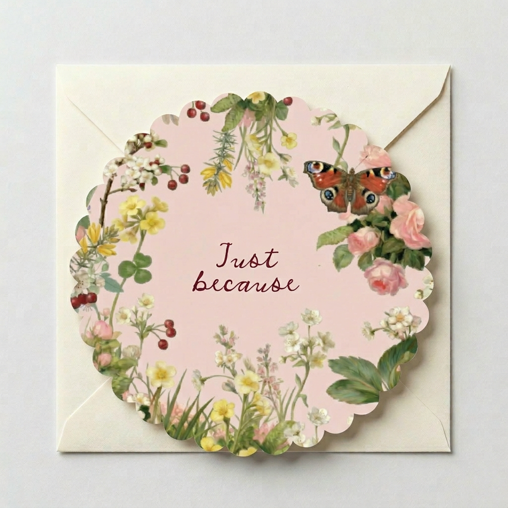 Just Because floral greeting card featuring romantic botanical flowers, butterfly illustration, and soft pink cottagecore aesthetic with envelope.