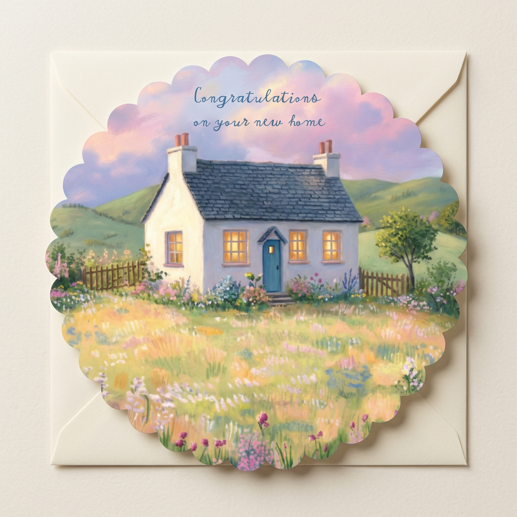 Congratulations on your new home greeting card featuring cozy countryside cottage illustration with floral meadow and pastel sky aesthetic.