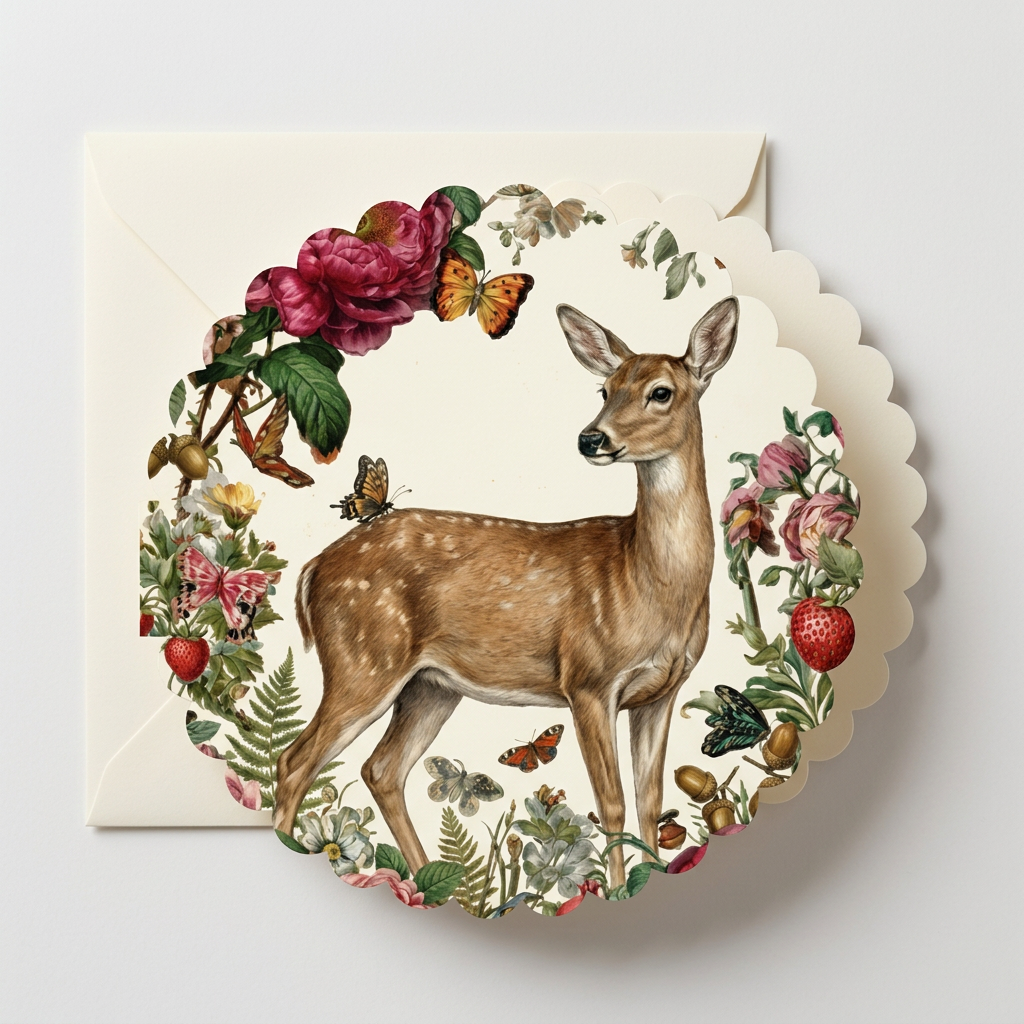 Vintage woodland deer greeting card featuring floral botanical deer illustration with butterflies, strawberries, and cottagecore forest aesthetic.