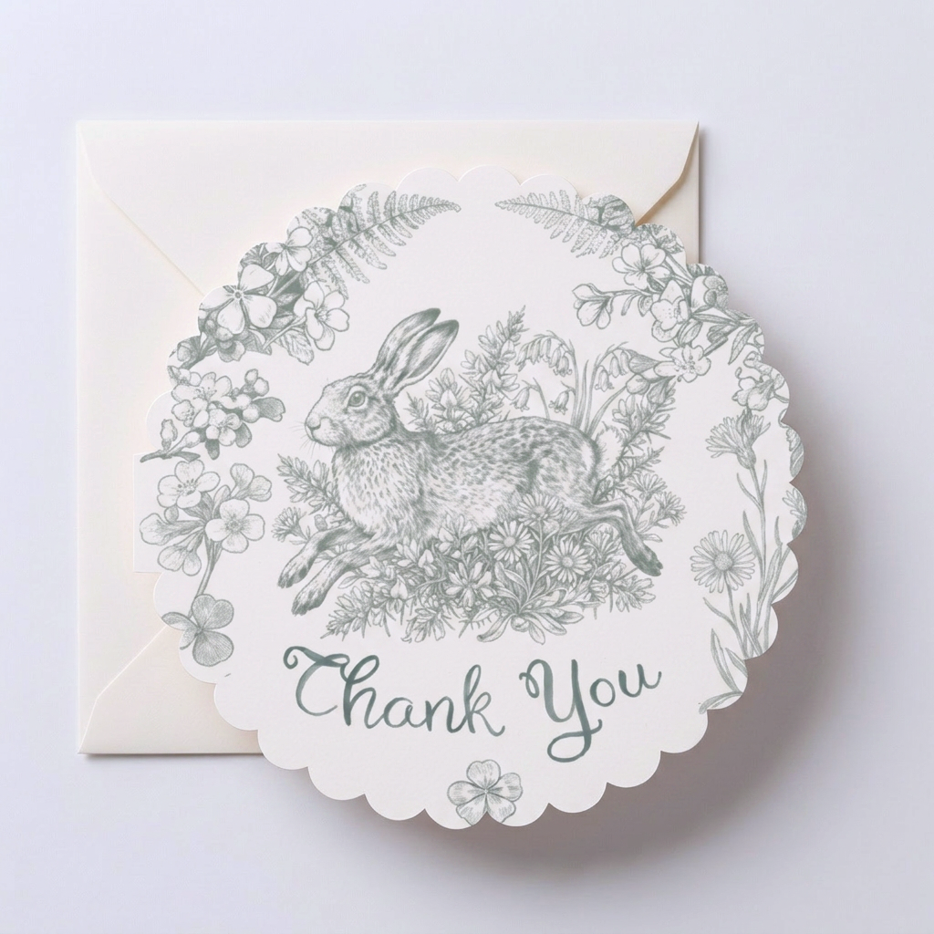 Greeting card with rabbit illustration and floral wreath on a white background