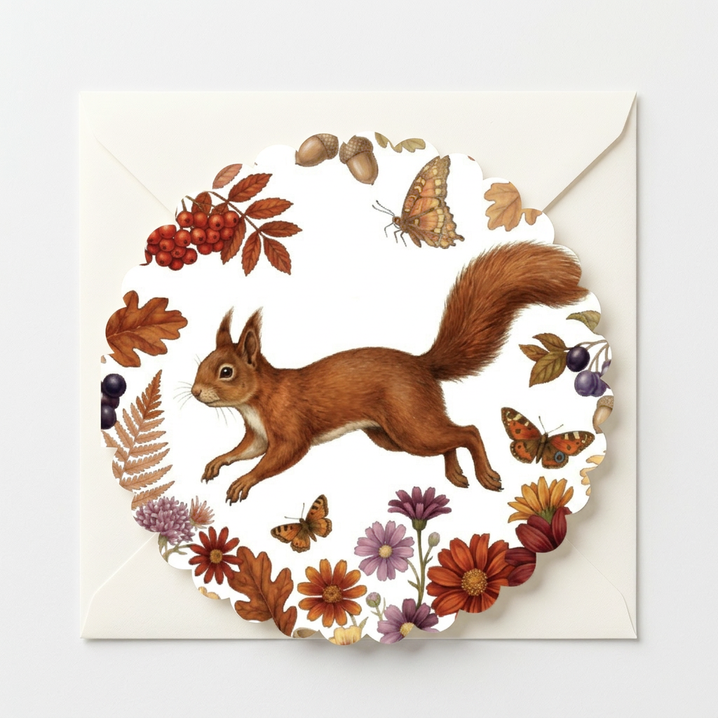 Red Squirrel Golden Bound, Scalloped Round Greeting Card