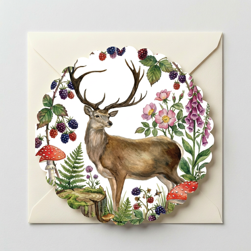 Wildberry Stag, Scalloped Round Greeting Card