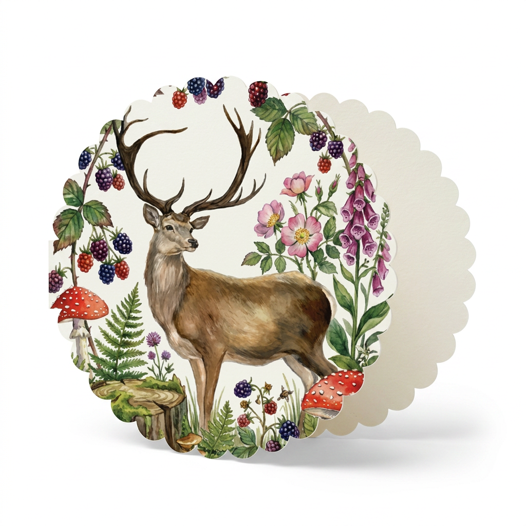 Vintage woodland stag greeting card featuring botanical deer illustration with wildflowers, berries, mushrooms, and forest cottagecore aesthetic.
