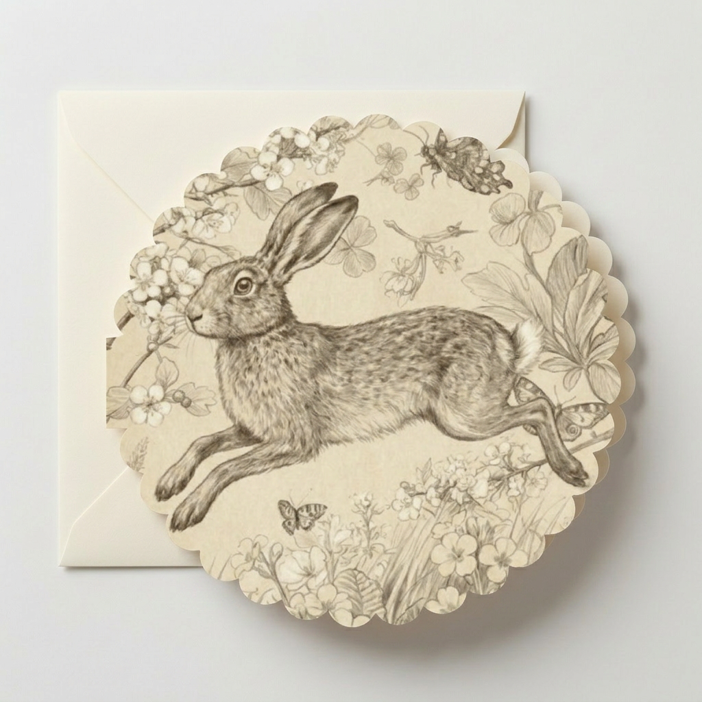 Vintage monochrome hare greeting card featuring botanical floral rabbit illustration with woodland cottagecore aesthetic and envelope.