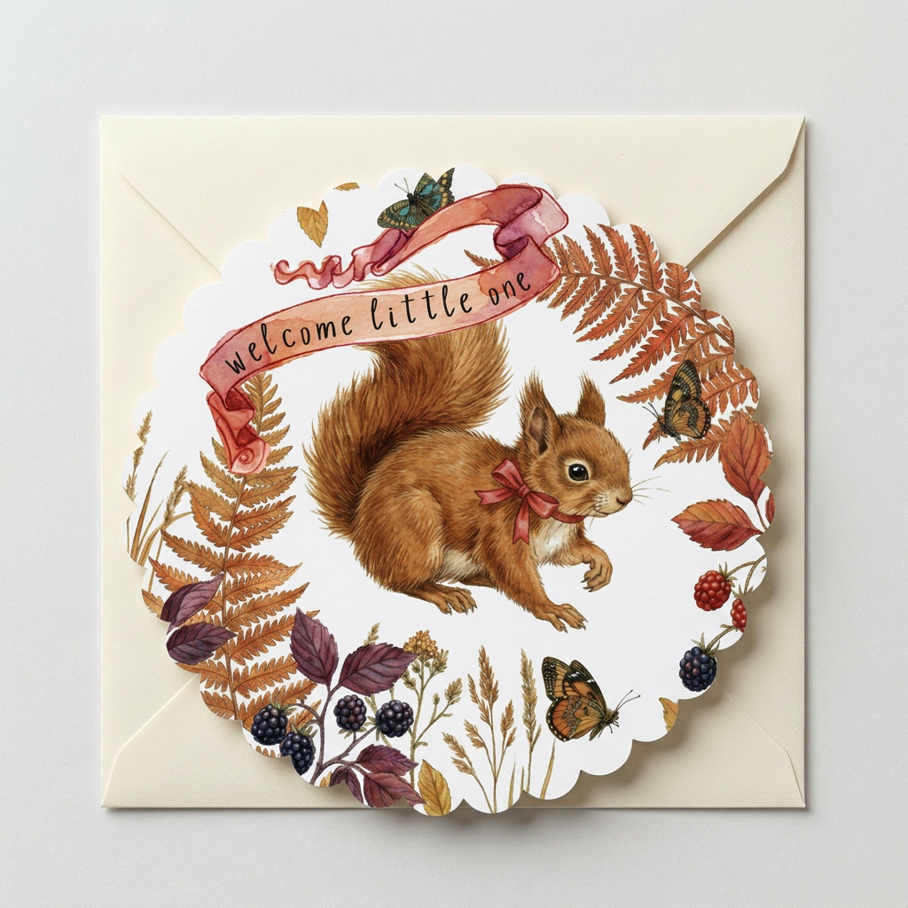 Greeting card with a squirrel illustration and autumn elements on a white background