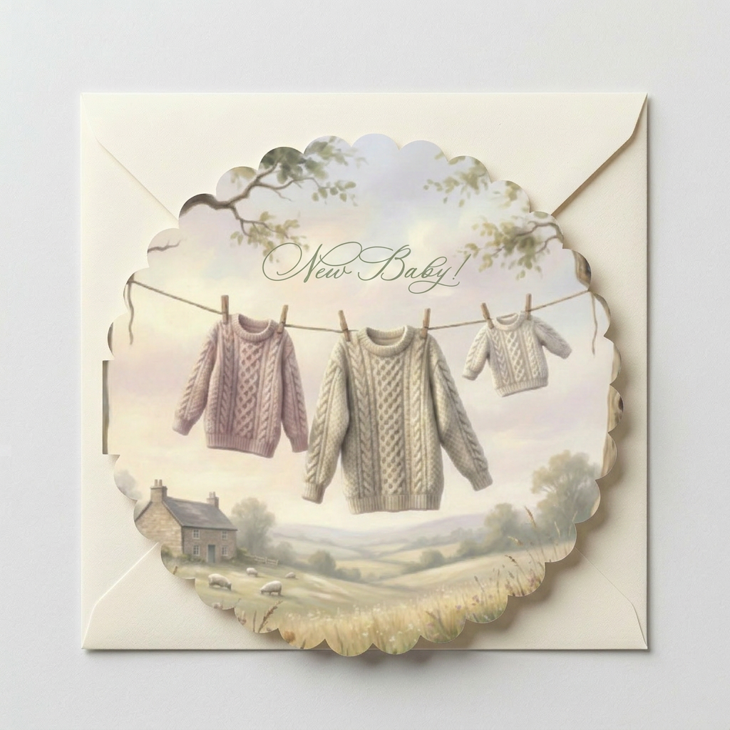 New baby greeting card featuring cozy knitted baby sweaters with rustic countryside cottagecore illustration and envelope.