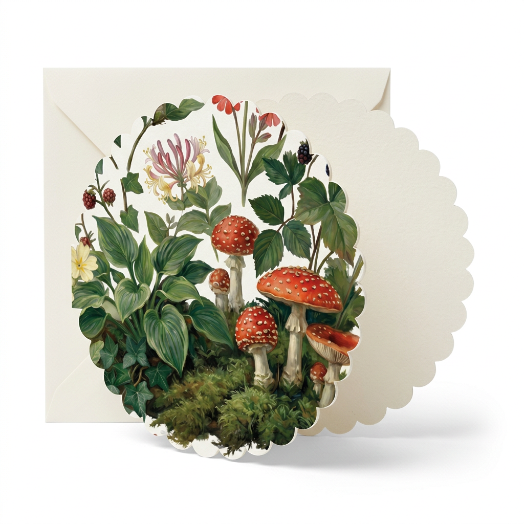 Greeting card with a design of mushrooms and flowers on a white background