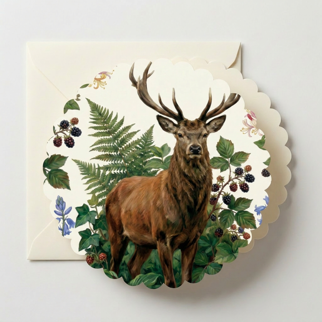 Card with a deer illustration surrounded by foliage and berries on a white background