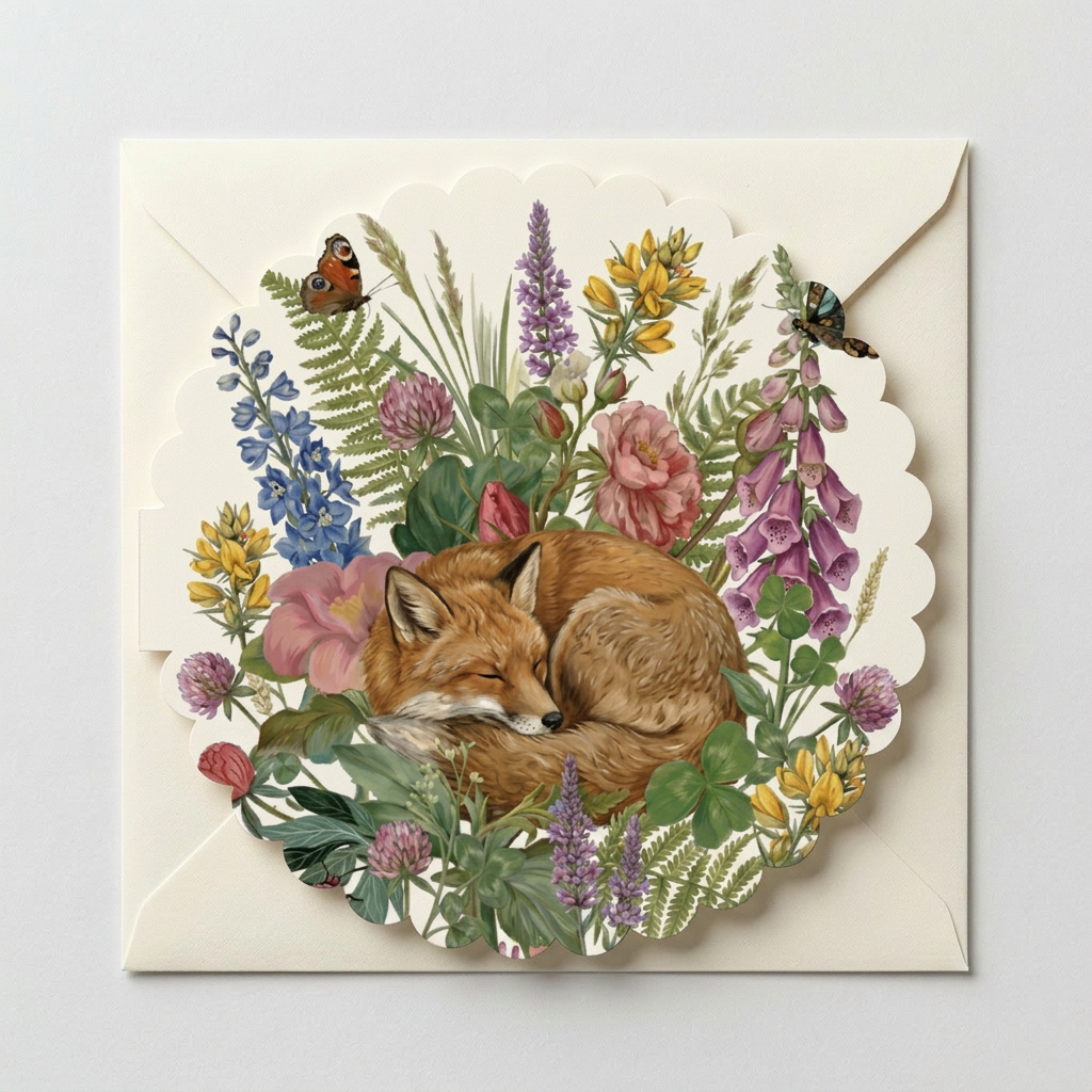 Greeting card with a fox surrounded by flowers and butterflies on a white background