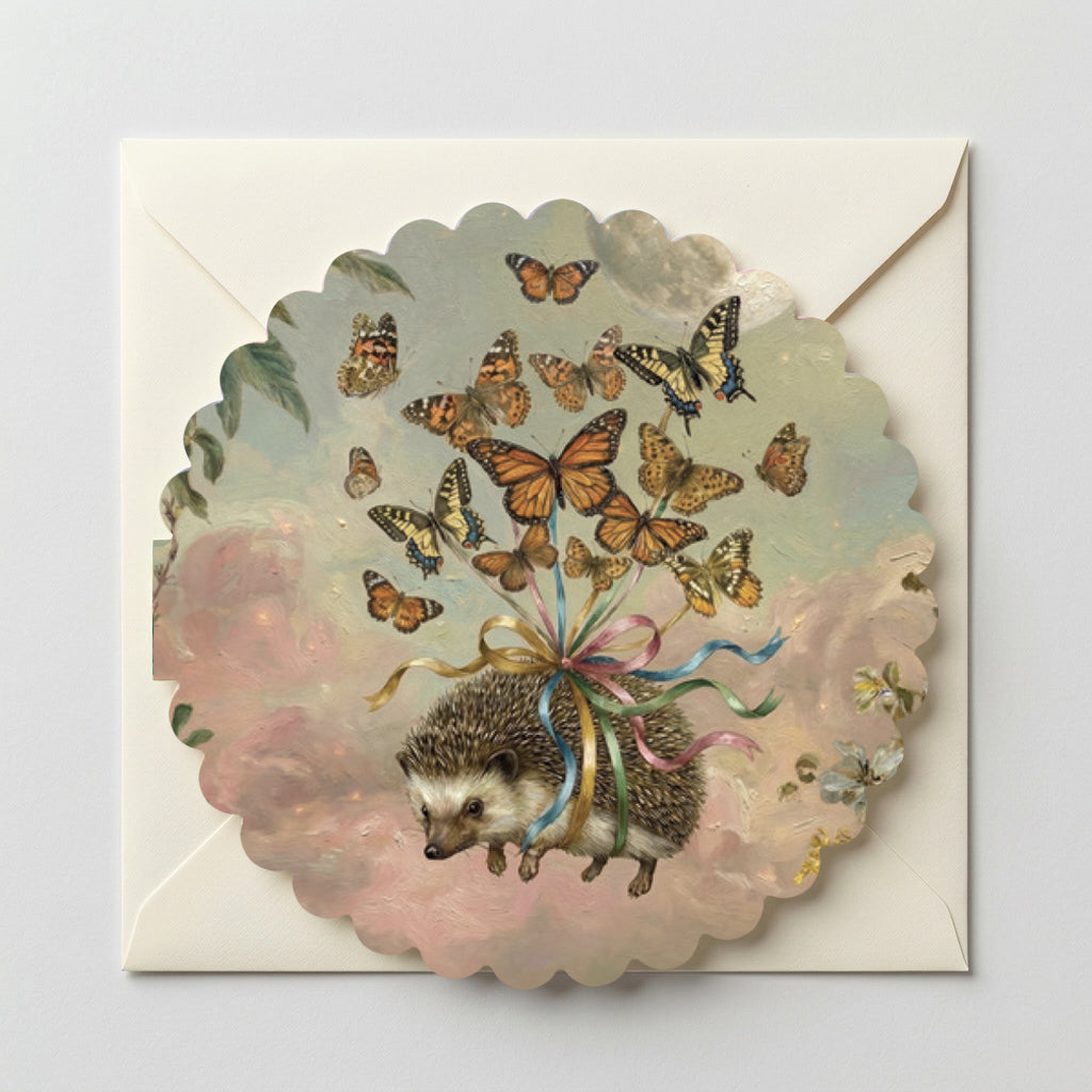 Whimsical hedgehog greeting card featuring butterflies, ribbons, dreamy pastel clouds, and magical cottagecore woodland animal illustration with envelope.
