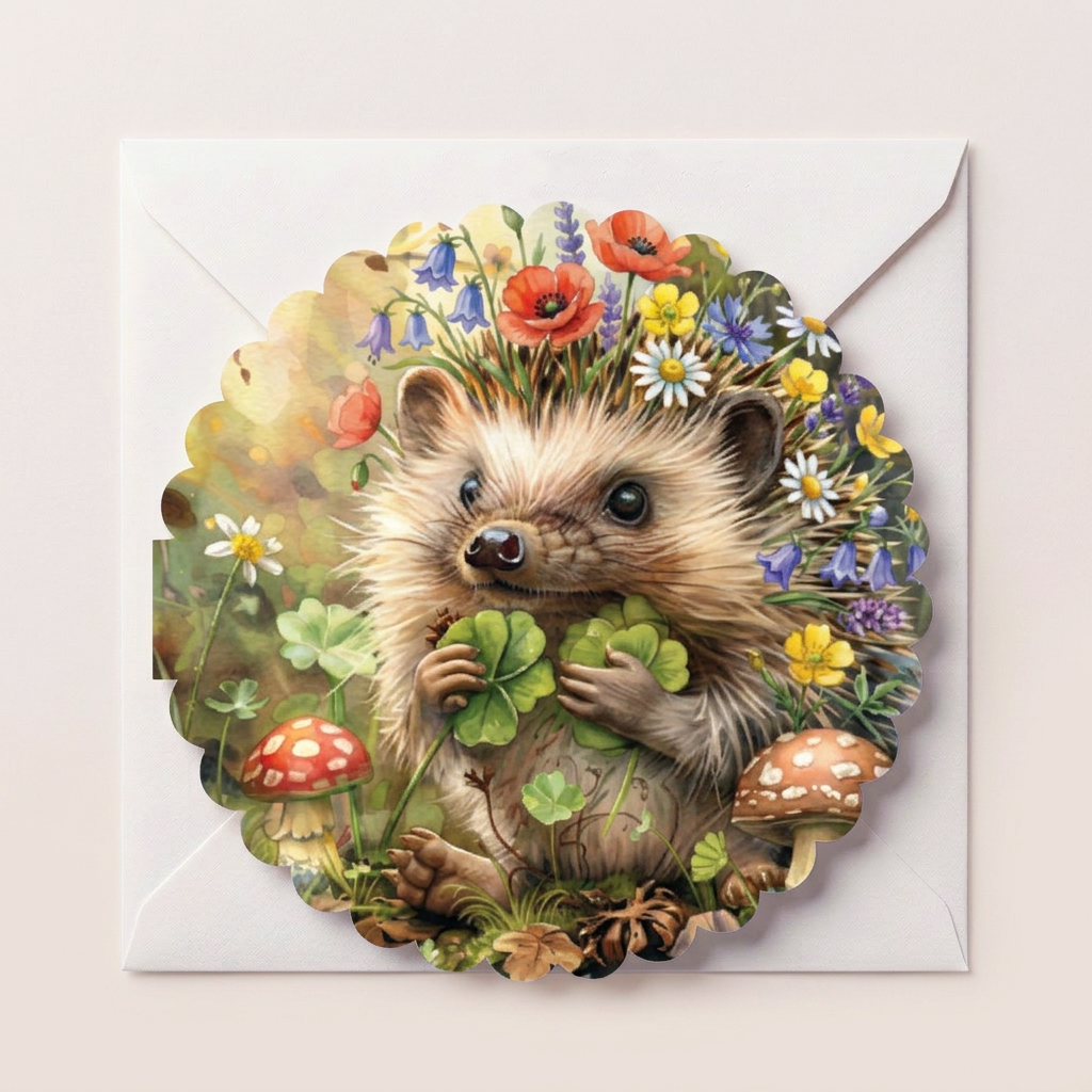 Cute hedgehog woodland greeting card featuring botanical wildflowers, mushrooms, clovers, and whimsical cottagecore forest animal illustration with envelope.