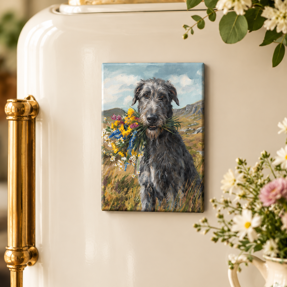 A rectangular Magnet depicting a grey wolfhound dog holding colourful wildflowers in an outdoor field, displayed on a cream-colored refrigerator with a gold handle. White flowers and greenery are softly blurred in the foreground and background.