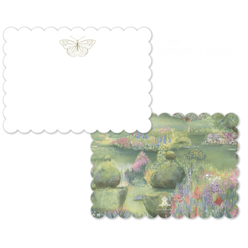 Butterfly Garden scalloped notelet front and reverse displayed together with floral garden artwork and butterfly motif