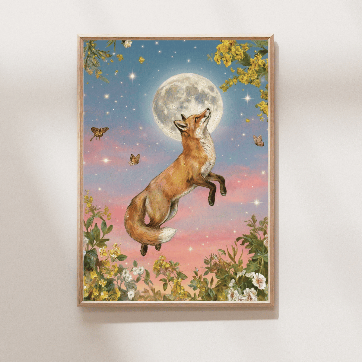 Madra Rua faoin nGealaigh Art Print featuring a red fox beneath a full moon with stars, butterflies and wildflowers