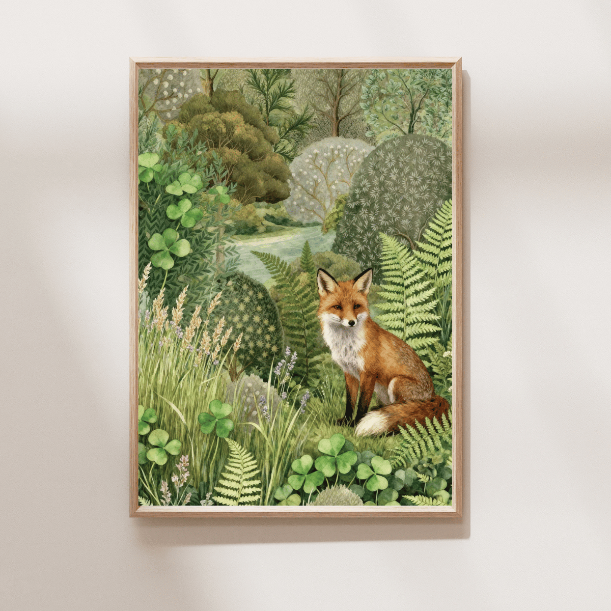 Meadow Fox Art Print featuring a red fox surrounded by ferns, clover and lush meadow foliage